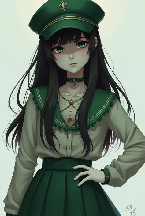 Dibuja una chica with cap con camisa verde, gray skin, with cap,  green skirt , black hair and white gloves 