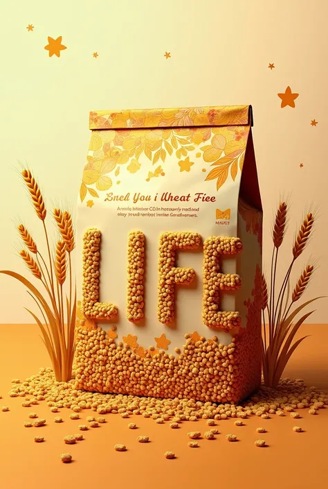 
 packaging made of sustainable product materials:  ereal LIFE that is attractive and delicious , cereal made from wheat that bears the words  "LIFE ", use cheerful and vivid colors 