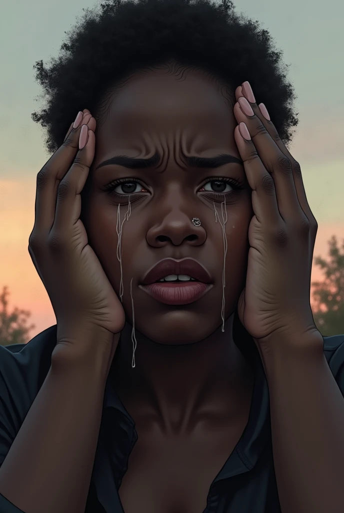  A black woman with an expression of despair and suspense , Tears streaming down her eyes,  both hands holding her head in a gesture of anguish ,  background a pale sunset with cold and melancholic tones, emotional minimalism ."