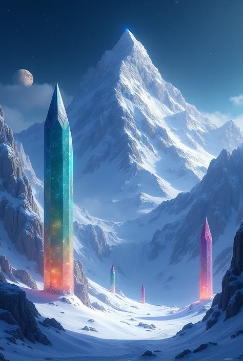  a snow mountain with giant, naturally occurring crystal formations that shimmer in the sunlight. The crystals add a fantastical element to the landscape, making it appear otherworldly. ((night view))