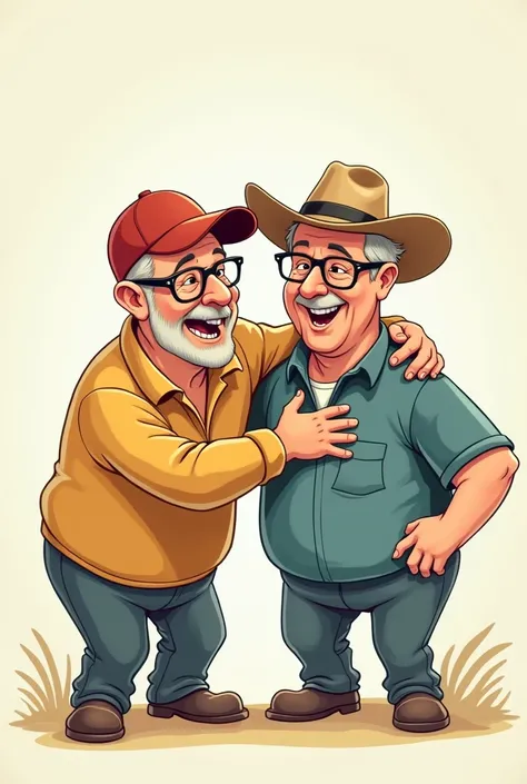 Illustration of a middle-aged man wearing a sports cap and glasses and a middle-aged man wearing glasses in a straw hat crossing shoulders and splitting,Looks like a lot of fun