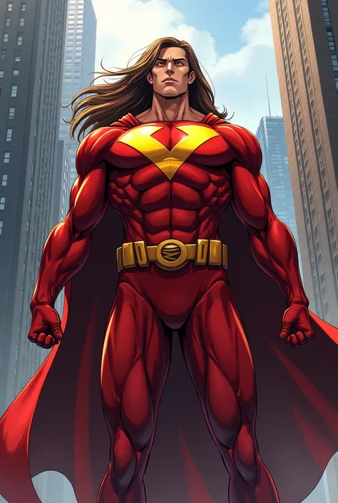 A superhero with long brown hair and a red suit with a yellow Y on it . Style my hero academia  