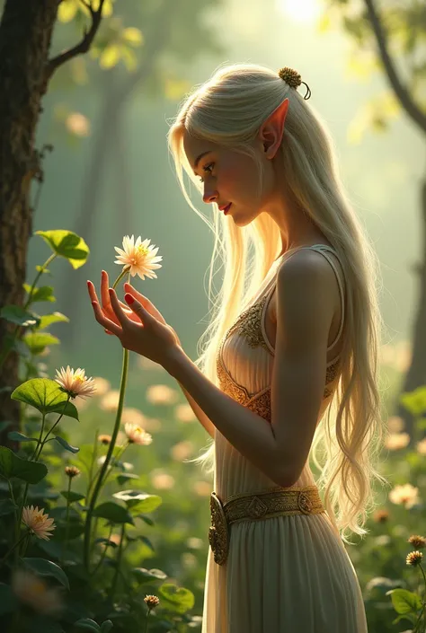 
An elf girl looking at a flower where we see her body, with a great body