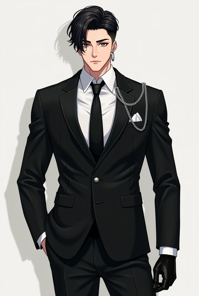 Handsome anime boy Atlético with an earring -hes dressed in a black suit with a white shirt, black tie, black leather gloves and a chain on the suit- 