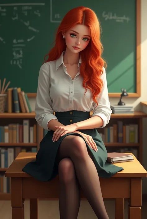 realistic. Redhair, green eyes, tall teacher, shes at her class, seated upon her desk, skirt and stockings, legs crossed. she focus on her feet