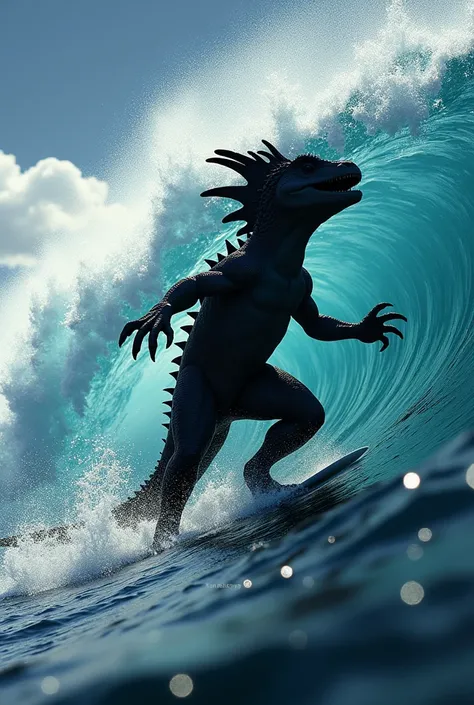 Silhouette of a Chlamydosaurus kingii in attack position, surfing
