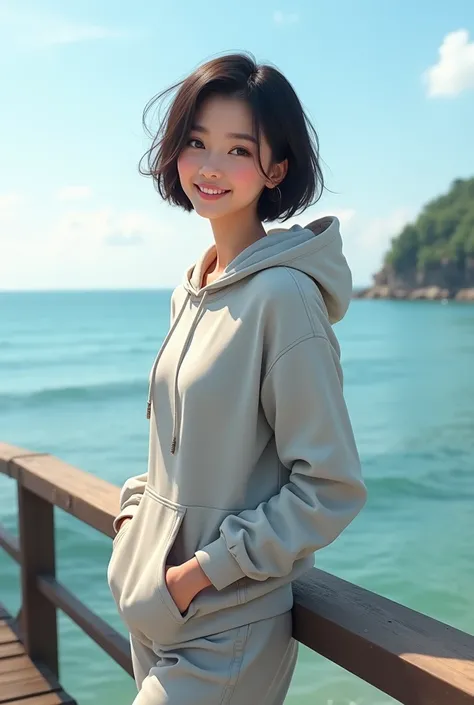 A realistic image of a young Thai woman, around 24-25 years old, with short black hair, smiling sweetly
 standing on the wooden pier overlooking the calm sea. She is wearing a comfortable hoodie and long pants. She stands casually, leaning slightly against...