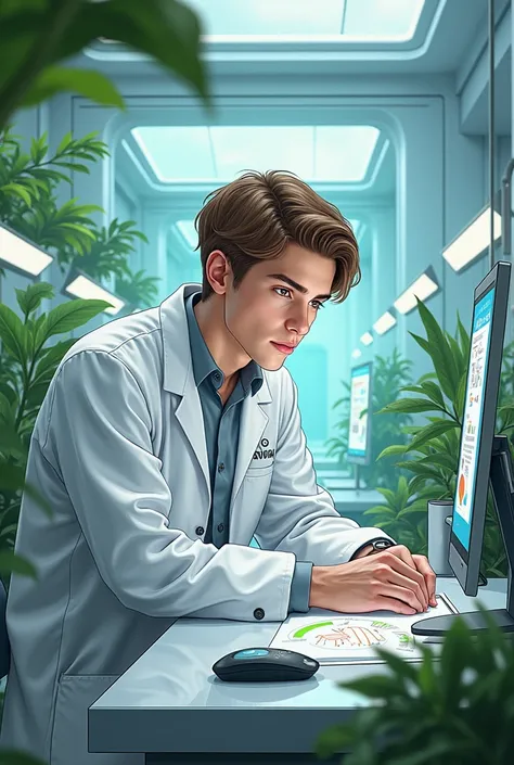 Semirealistic drawing of a young male scientist with light brown hair in a futuristic ecological laboratory 