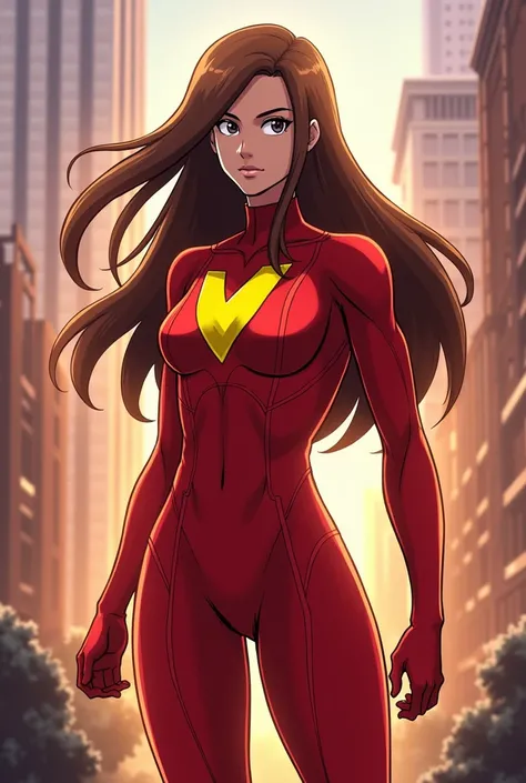 A slim superhero with long brown hair and a red suit with a yellow Y on it. Style my hero academia  