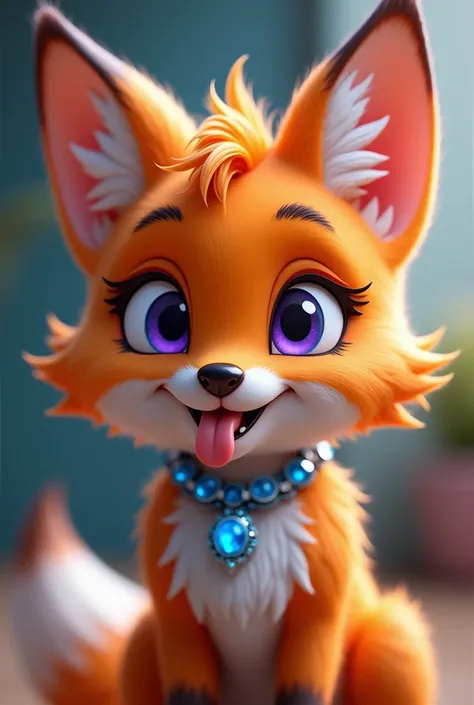 A cute vixen , bright orange, face with a cute , tongue out,blue eyes with purple , blue necklace with details,3d,+18