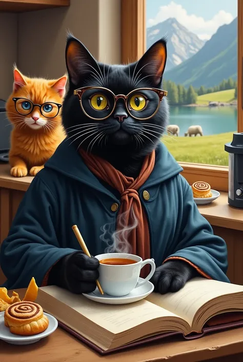  Oil painting black cat with glasses writing a book while drinking tea and cinnamon rolls. In the background, a Thermomix and another orange cat with glasses eating cheese and bread on a counter behind
Hes in a house in the mountains with sheep and a lake....