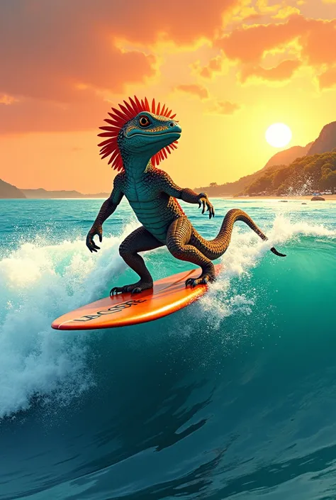 Do like the Lacoste logo but of a Chlamydosaurus kingii surfing