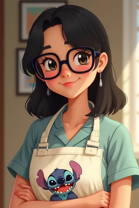 A half-chubby woman with black glasses her black hair with the massage therapist apron from Stitch anime