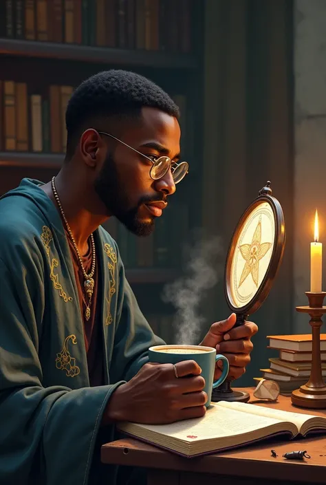 Short-haired African American wizard with glasses looking at himself in a card writes and drinks coffee