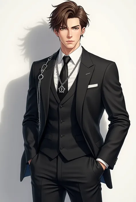 Handsome anime boy Atlético with brown hair earring with lenses -hes dressed in a black suit with a white shirt, black tie, black leather gloves and a chain on the suit- 