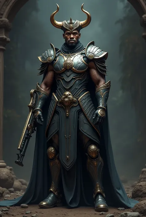 taurus male,with armor ,black man ,tech suit, with weapon,crown,make it powerful 