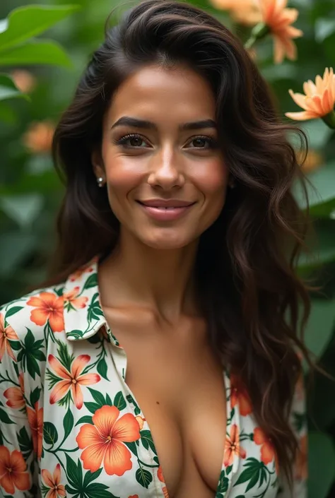  A Brazilian woman in a lush tropical garden,  wearing an open shirt with floral print ,  with a close up capturing the harmonious beauty between her breasts and natural flowers,  showing your natural charm and outgoing personality.