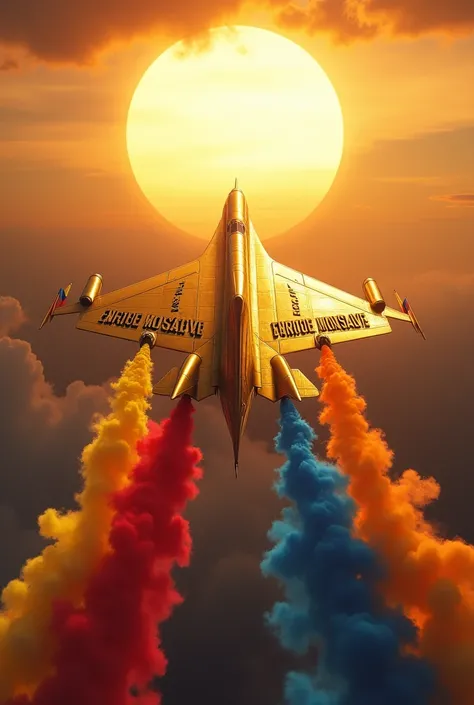 Create the word Enrique Monsalve carved on the side of a gold-colored supersonic plane, smoke of different colors coming out on the back and with the Venezuelan flag on both sides and a majestic sun in the background