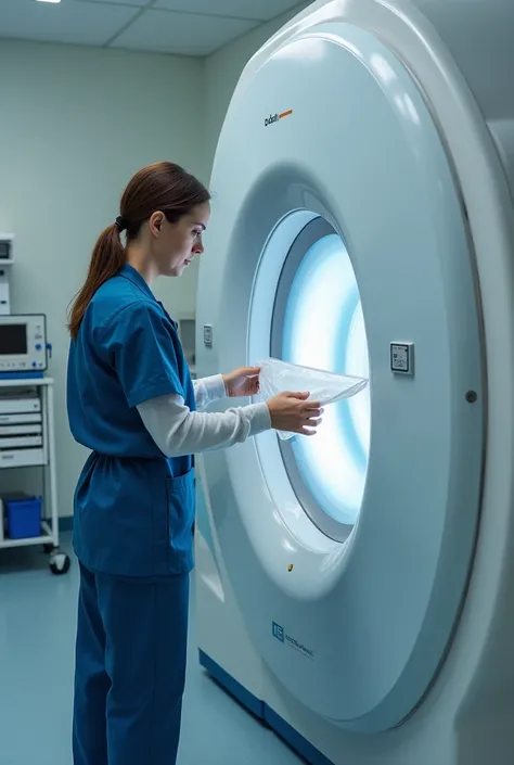 Radiology technician using gonad protector 