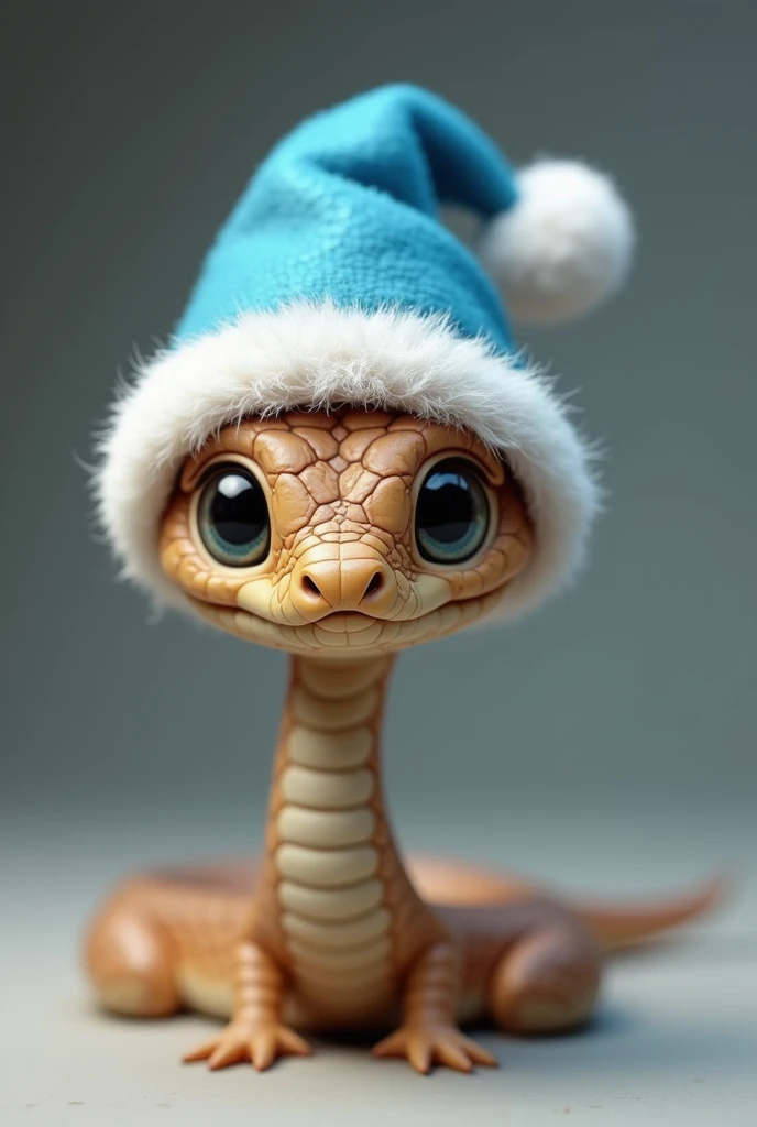  Create an image of a cute Baby Cobra With its extended hood and a blue and white Christmas hat.