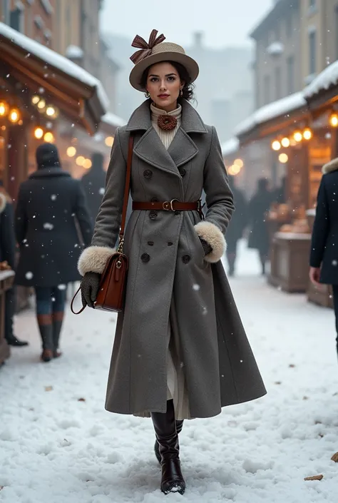 A bustling 19th-century European town square covered in snow. A sophisticated woman in a tailored winter coat, carrying a leather handbag, strolls past lively market stalls and cheerful townsfolk. She wears a stylish bonnet adorned with ribbons and fur-lin...