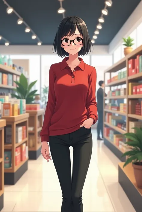 Young anime woman standing in a store, with short black bob hair and black eyes, wearing red skinny polo shirt with long sleeves and black skinny jeans, wearing black sneakers, wearing black glasses with round lenses, looking with smile