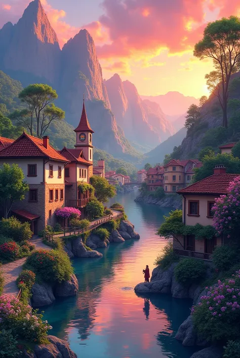  A small town by the river, mountains in the background,  colorful floral flowers ,  detailed landscape,  beautiful natural landscapes ,  atmospheric lighting, scorching sunset,  warm colors , practical, Photographic, detailed foliage, complex buildings, c...