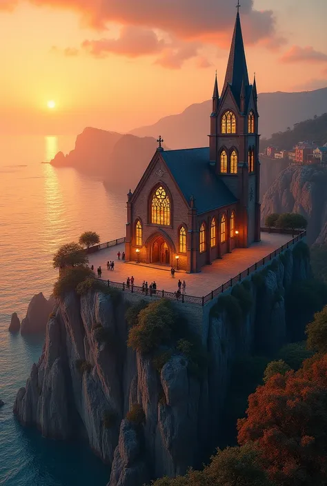 " Realistic photograph of a church isolated on a cliff , with the sea in the background,  golden lighting at sunset . Vibrant colors highlight the scene ,  conveying a welcoming and inspiring feeling .  Church visitors are visible ,  adding a touch of life...