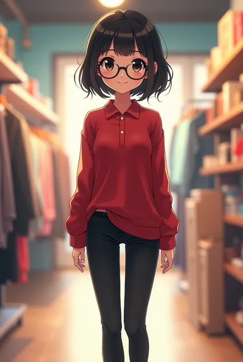 Young anime woman standing in a store, with short black bob hair and black eyes, wearing red skinny polo shirt with long sleeves and black skinny jeans, wearing black sneakers, looking with smile, wearing black glasses with round lenses