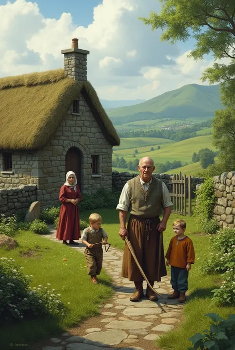 Make me such a picture. Inside a small Ireland, there lives a father, his mother and her two ren. make a realistic pic 