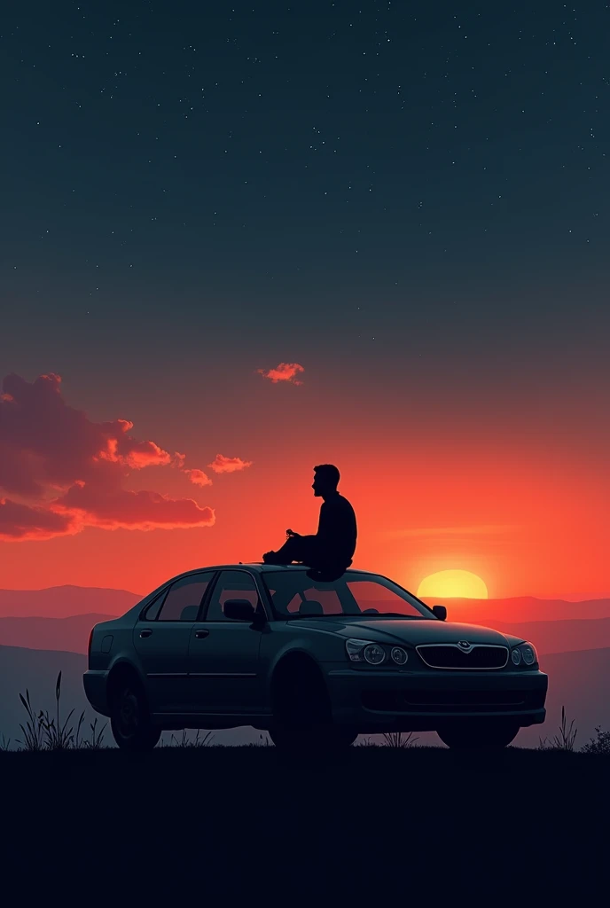 Silhouette picture of a man sitting on a car parked on a hill and staring at the stary sunset 
