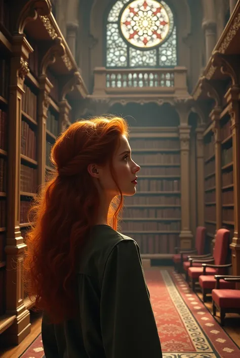 
 A young redheaded woman , The soft, wavy hair on the back looks at a huge library full of books. 

