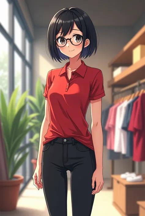 Young anime woman standing in a store, with short black bob hair and black eyes, wearing red skinny polo shirt with short sleeves and black skinny jeans, wearing black sneakers, looking with smile, wearing black glasses with round lenses