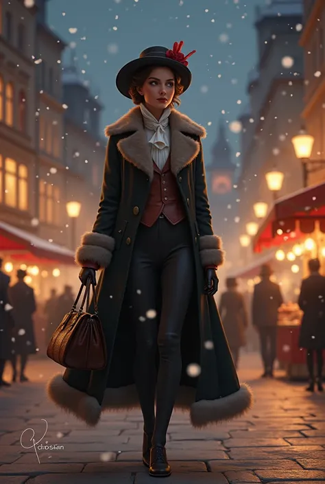 A bustling 19th-century European town square at night, illuminated by glowing gas lamps and shop windows. A sophisticated woman, carrying a leather handbag, strolls gracefully through the lively streets. She is dressed in a tailored winter coat with fur tr...