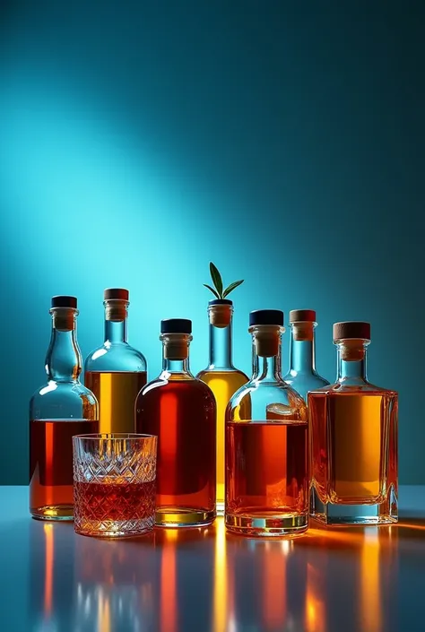  horizontal rectangular photo where you can see different bottles of alcohol without marks, Let the image be in blue and gold tones 