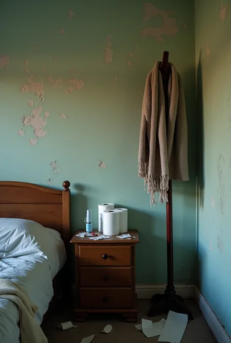 A room with low light ,  with a lot of moisture and mold on the wall ,  has lifted the paint from the wall .  You can see a bedside table ,  on it two used rolls of toilet paper, pills and an inhaler . On the coat rack a scarf ,  on the floor you can see t...