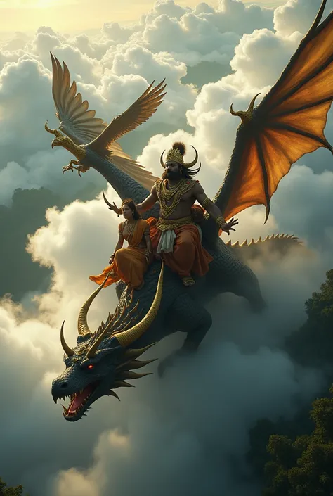 Top view of evil daemon king Raavan riding his dragon through clouds above forest. Raavan is napping hermitess Sita who is seated behind him. Raavan has ten heads attached to his neck, each with a thick moustache and golden crown. Raavan is in royal attire...