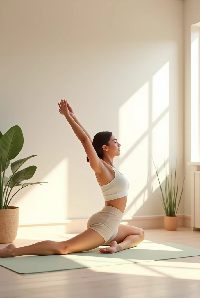 
A minimalist room with a yoga mat on the floor. A person in comfortable workout clothes is performing light yoga stretches, such as a downward dog or ’s pose. The room has a serene atmosphere with natural light and a small indoor plant."