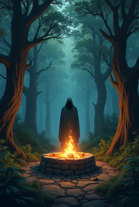 a background forest with a firepit as the centerpiece and a dark man hiding in the trees