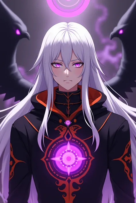  The picture shows an anime character with long white hair and a serious expression on his face .  Against his background. He has bright purple eyes ,  which look very expressive .  The character is dressed in a spectacular black orange outfit with fiery p...