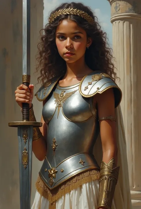  Creates a Greek mythology-style painting ,  about a medium-brown girl ,  has curly brown hair and dark eyes ,  the girls painting has to appear from head to toe in full,  has a silver laurel crown just like her armor , y holds a sword in honor of .