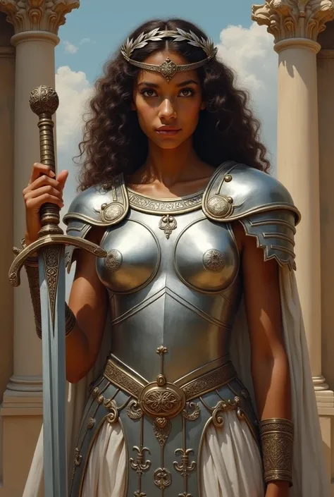  Creates a Greek mythology-style painting ,  about a medium-brown girl ,  has curly brown hair and dark eyes ,  the girls painting has to appear from head to toe in full,  has a silver laurel crown just like her armor , y holds a sword in honor of .