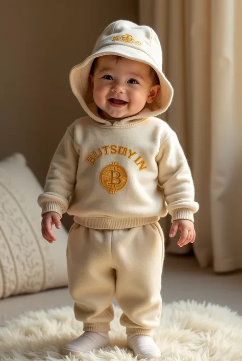 Create an ultra-detailed, hyper-realistic 8K photo of a one-year-old baby standing and smiling adorably, full of charm and innocence. The baby is dressed in a luxurious outfit, finely embroidered with golden Bitcoin symbols. The outfit consists of a comfor...