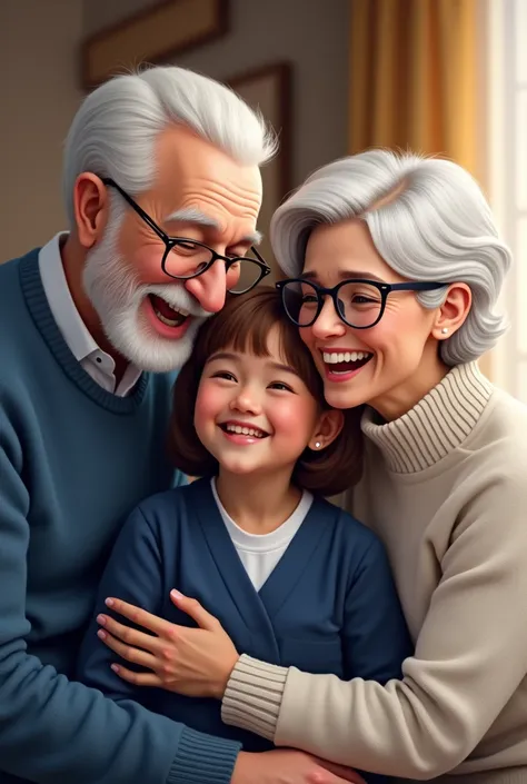  You can create a grandfather and grandmother with their granddaughter in the middle of about 20 years old wearing a navy blue clinical uniform, Everyone laughing, That grandpa has a blue sweater and grandma has a white sweater ,  that I have lenses with a...