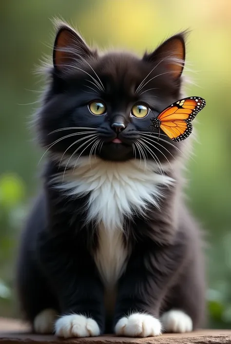 (photorealism:1.2), A large black main coon kitten with all 4 white legs. A butterfly flies on his nose.