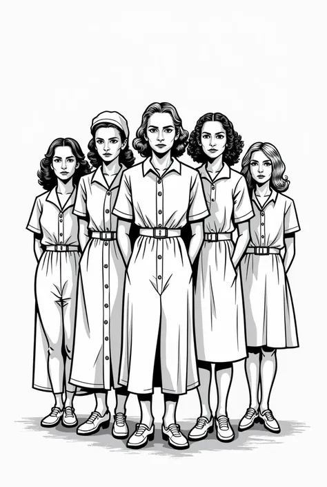 40s look group of serious women of different ages full body line art illustration