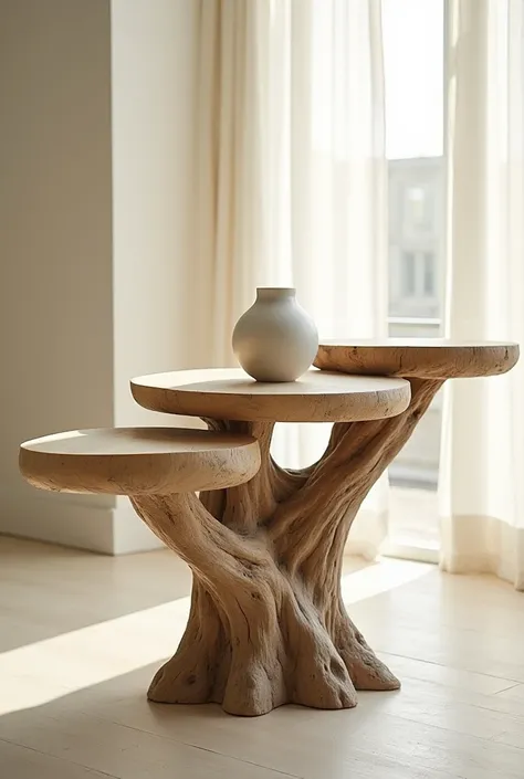 A round end table with small driftwood bases, shaped like a tree trunk and made of driftwood. The table trunk grows into three branches, each branch has a small table top, set against the backdrop of a light-colored room with cream color walls. The circula...