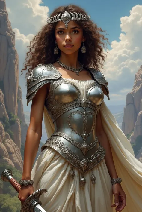  Creates a Greek mythology-style painting , About a brown girl,  has curly brown hair and dark eyes ,  the girls painting has to appear from head to toe in full,  has a silver laurel crown just like her armor , y holds a sword in honor of .