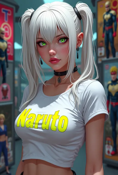  Make a blond woman with almost white hair ,  lilac-eyes and a fluorescent green target in one eye . Let her have freckles on her cheeks , bee.  Dressed in a white t-shirt glued to her body with the word Naruto and covered around her chest in yellow.  Make...