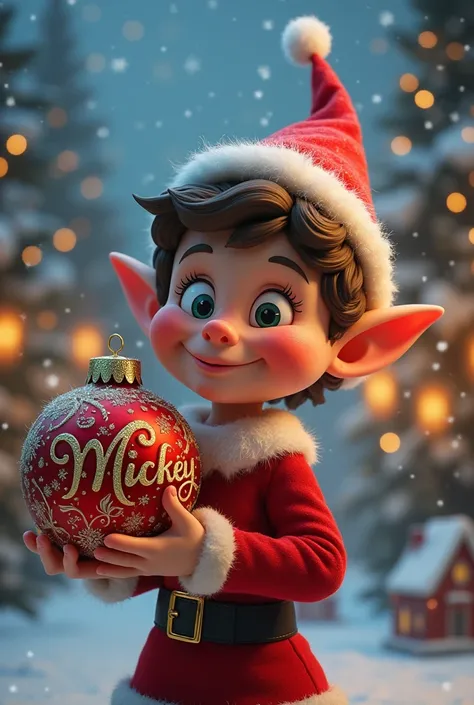  Create a picture with a Christmas background with an elf with a Christmas ball, on the "mickey" What is written is 